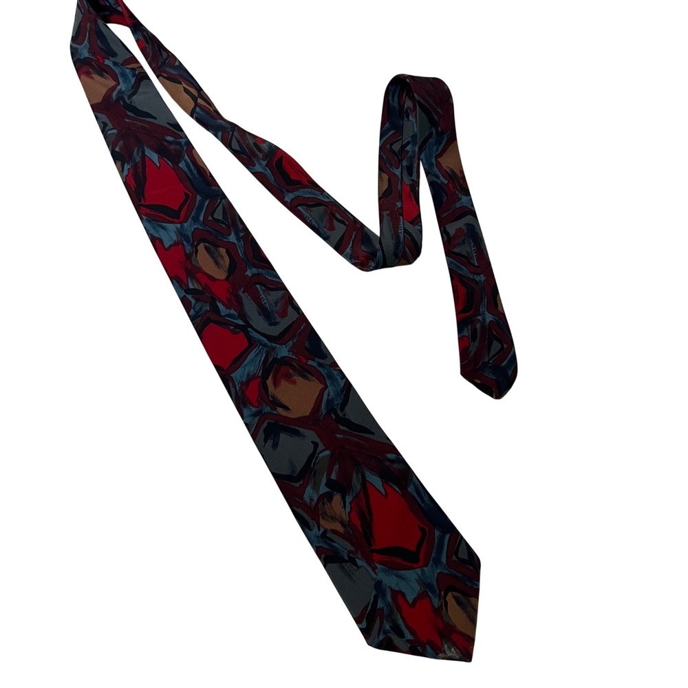 Salvatori Mens Abstract Painterly Silk Look Necktie Red Grey Brown Made in USA